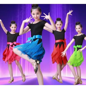 Turquoise blue neon green fuchsia hot pink black patchwork fringes tassels skirts girls kids children performance latin ballroom dance dresses outfits